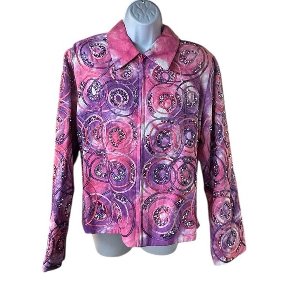 Vintage ANAGE Y2K Artsy Boho Swirl Print Beaded Sequin Jacket Pink Purple L